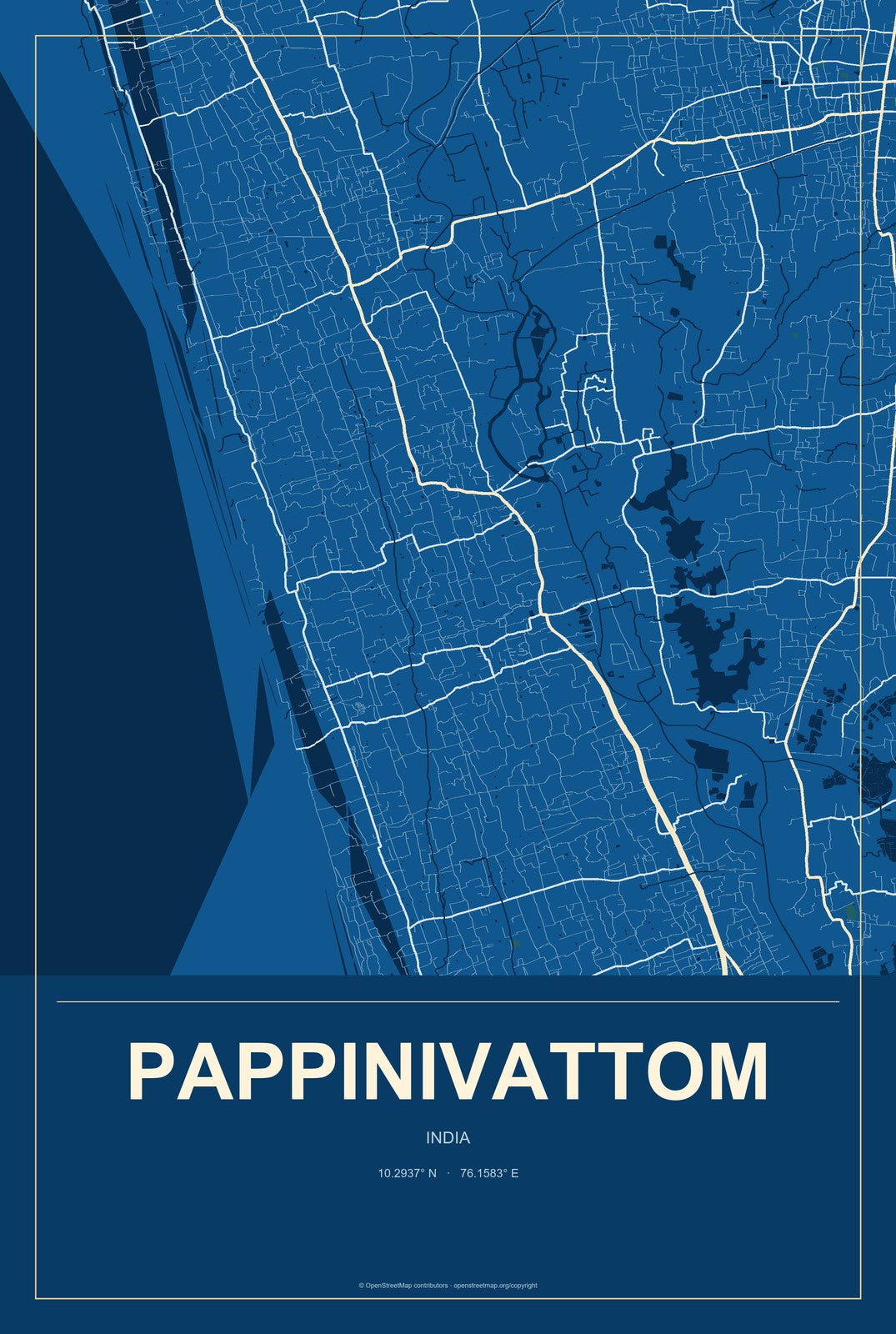 Pappinivattom, India City Map Aluminum Sign in Harbor Cobalt style