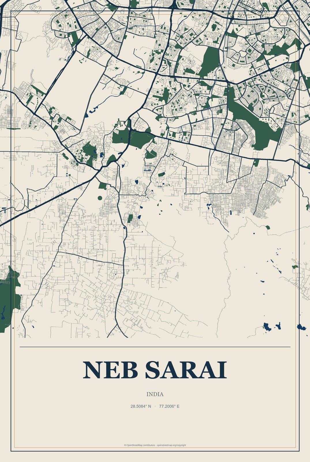 Neb Sarai, India City Map Aluminum Sign in Coastal Cutout style