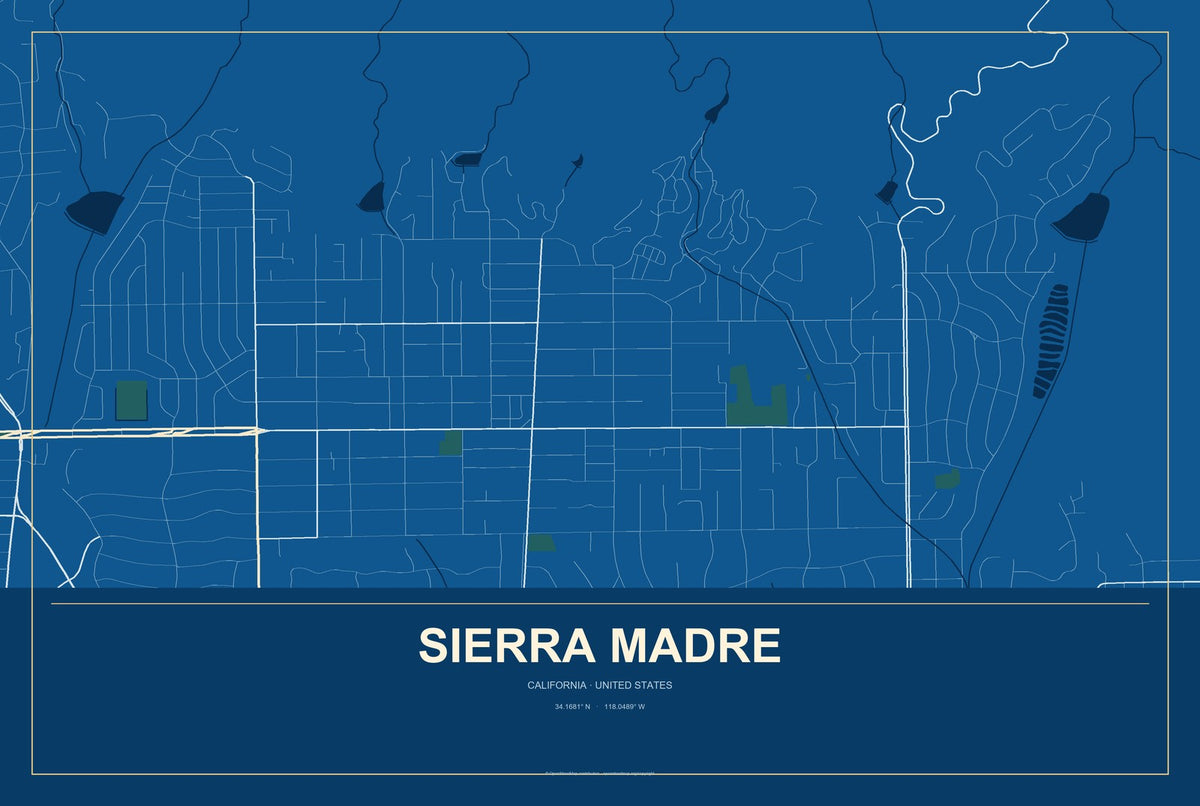 Sierra Madre, California City Map Aluminum Sign in Harbor Cobalt style