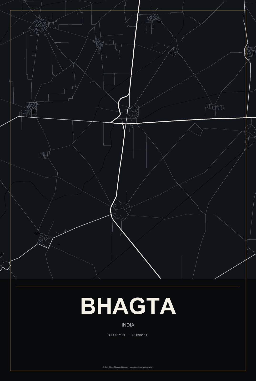 Bhagta, India City Map Aluminum Sign in Metropolitan Noir style