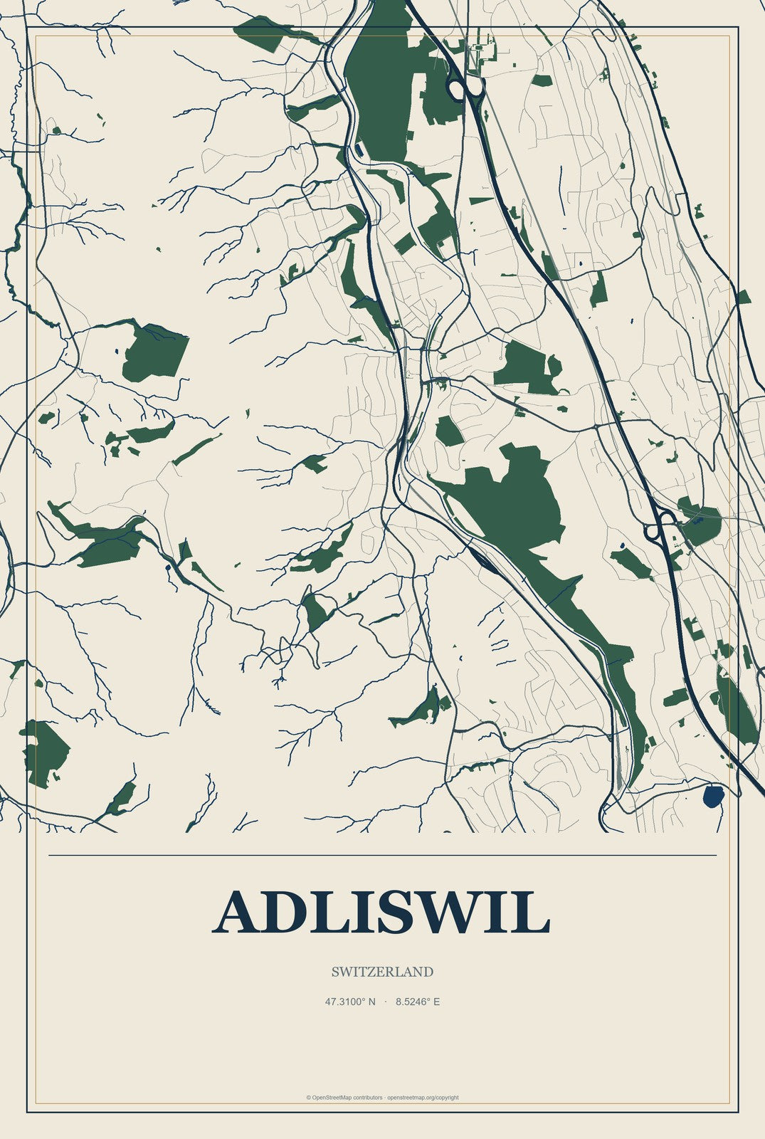 Adliswil, Switzerland City Map Aluminum Sign in Coastal Cutout style