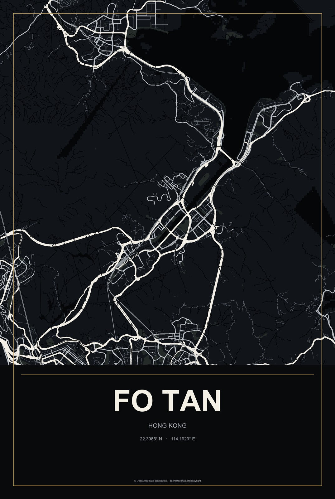 Fo Tan, Hong Kong City Map Aluminum Sign in Metropolitan Noir style