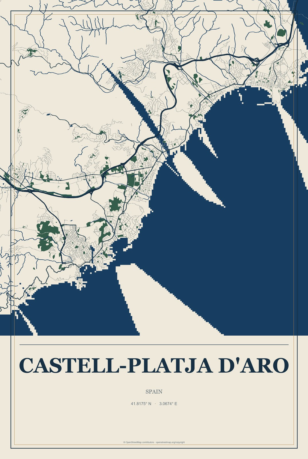 Castell-Platja d'Aro, Spain City Map Aluminum Sign in Coastal Cutout style