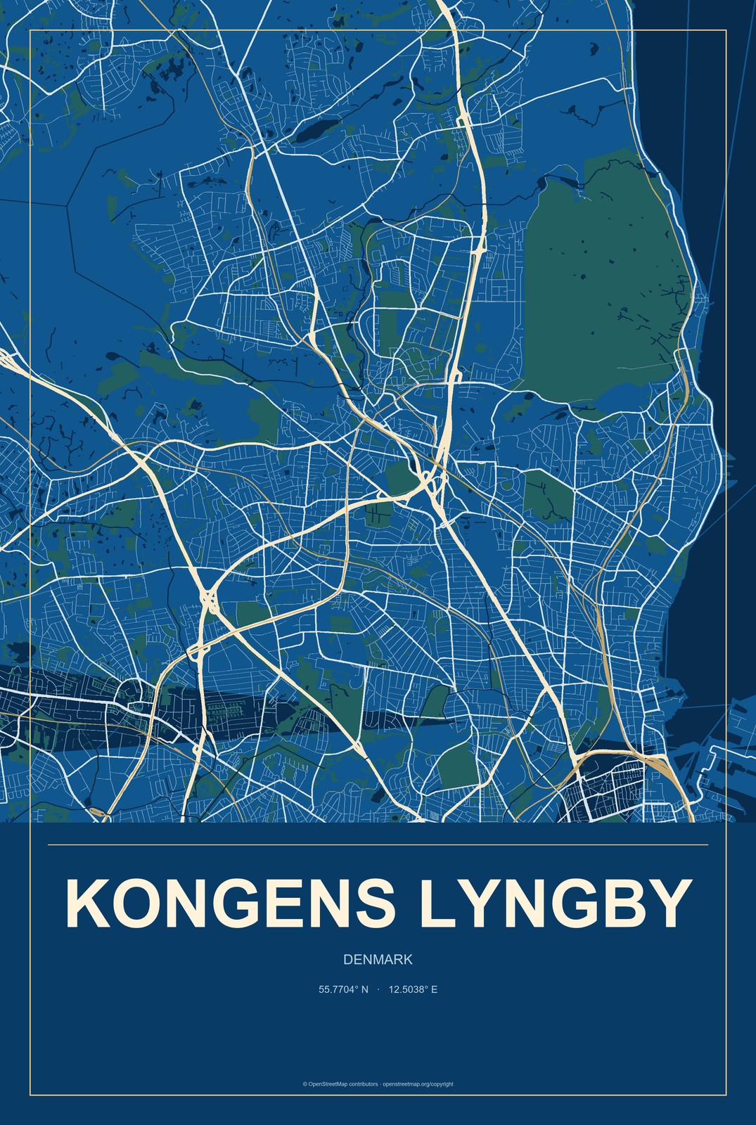 Kongens Lyngby, Denmark City Map Aluminum Sign in Harbor Cobalt style