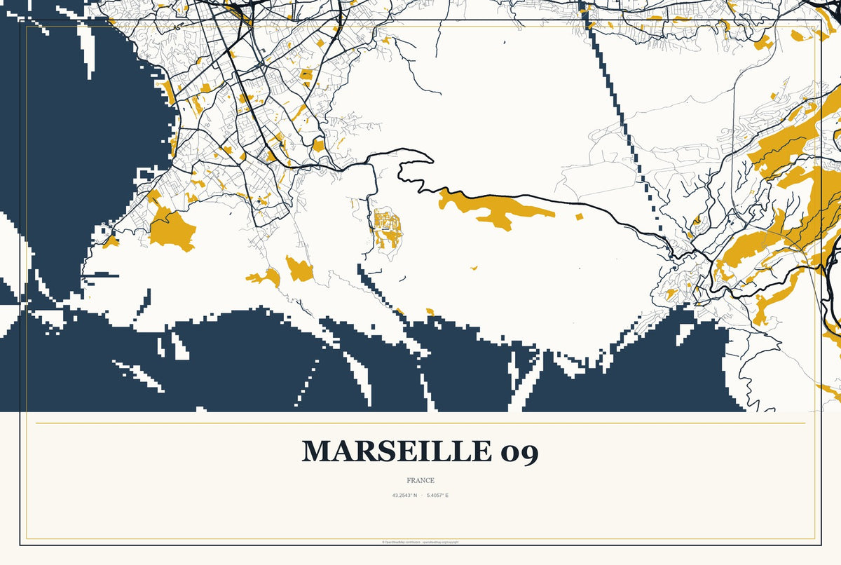 Marseille 09, France City Map Aluminum Sign in Citrine Modern style