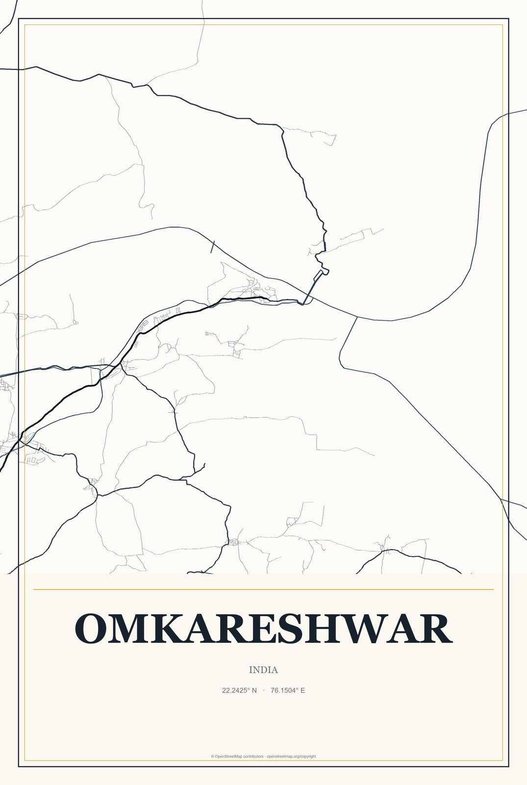 Omkareshwar, India City Map Aluminum Sign in Citrine Modern style