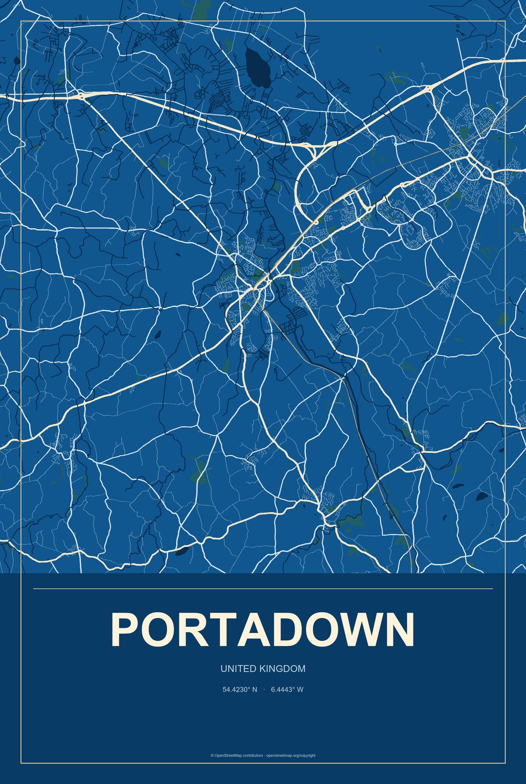 Portadown, United Kingdom City Map Aluminum Sign in Harbor Cobalt style