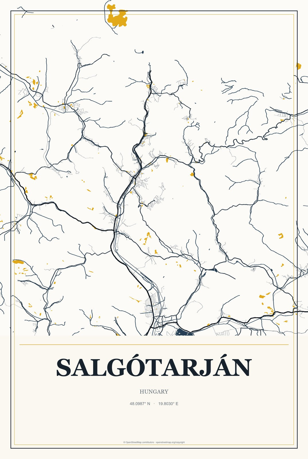Salgótarján, Hungary City Map Aluminum Sign in Citrine Modern style
