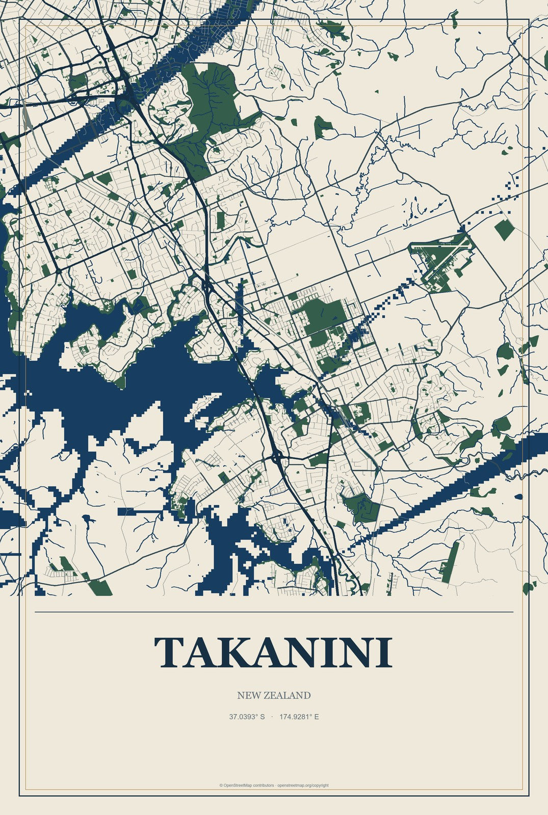 Takanini, New Zealand City Map Aluminum Sign in Coastal Cutout style