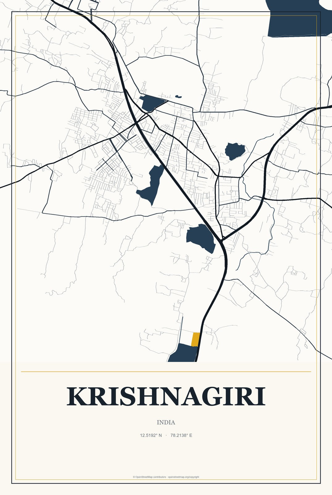 Krishnagiri, India City Map Aluminum Sign in Citrine Modern style