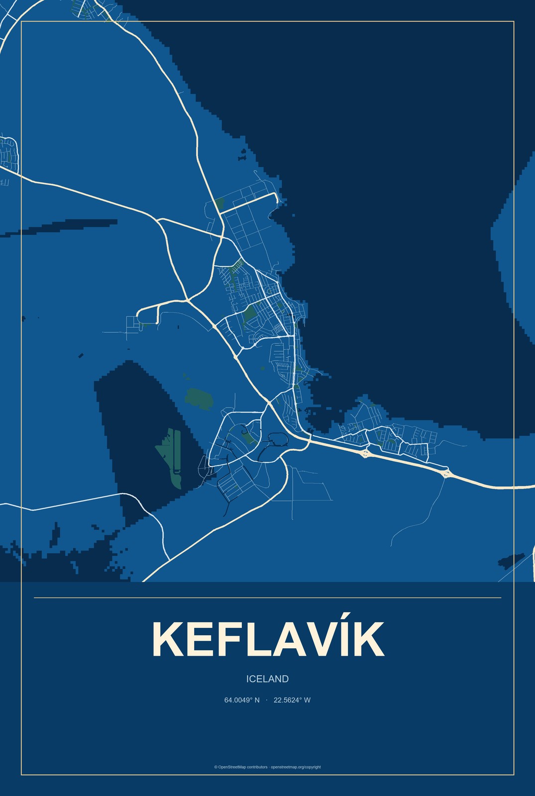 Keflavík, Iceland City Map Aluminum Sign in Harbor Cobalt style