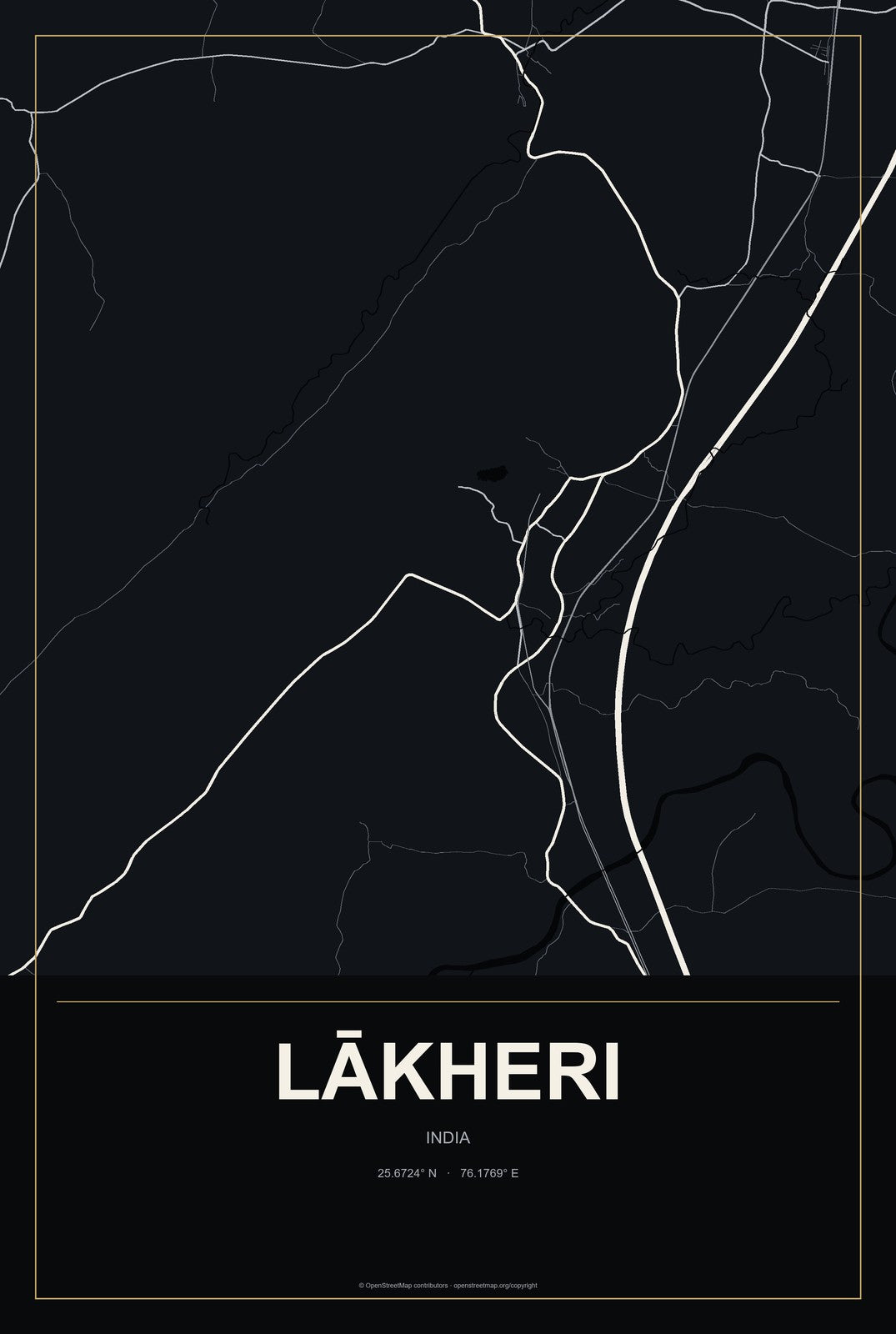 Lākheri, India City Map Aluminum Sign in Metropolitan Noir style