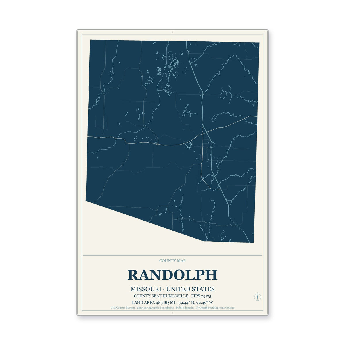Randolph County, Missouri Map Aluminum Sign in Coastal Cutout style