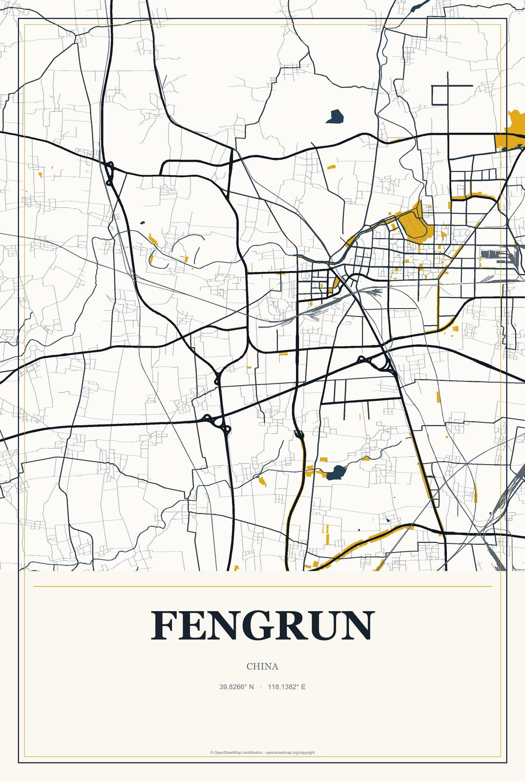 Fengrun, China City Map Aluminum Sign in Citrine Modern style