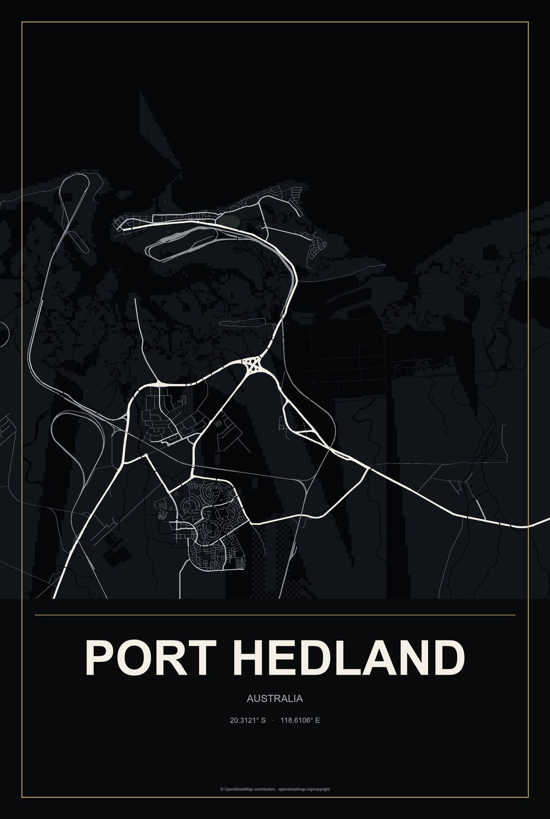 Port Hedland, Australia City Map Aluminum Sign in Metropolitan Noir style