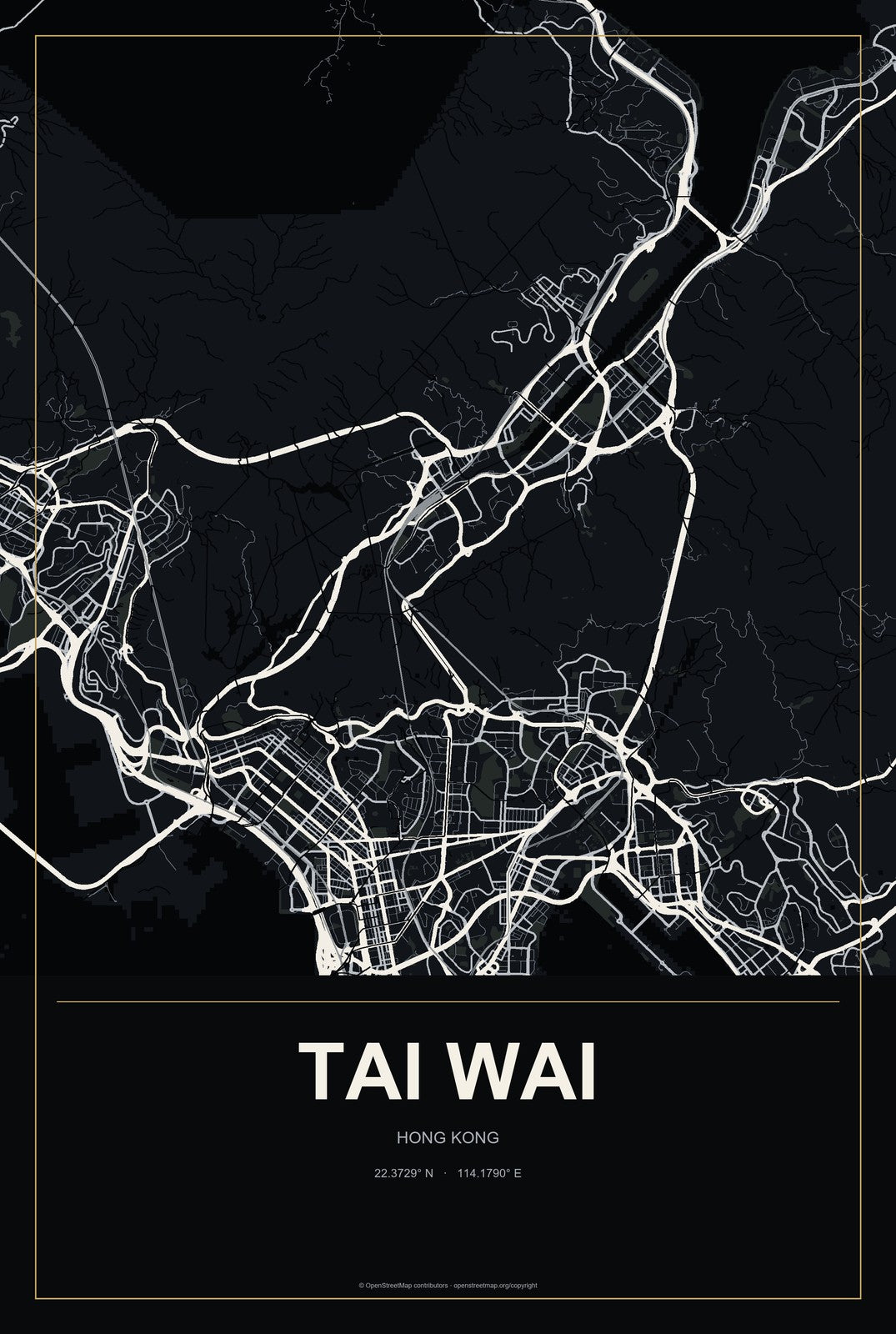 Tai Wai, Hong Kong City Map Aluminum Sign in Metropolitan Noir style