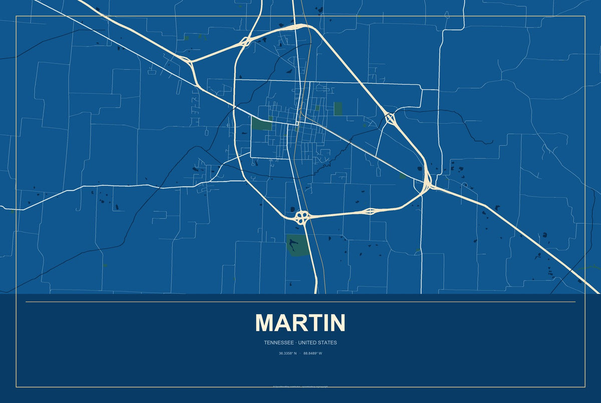 Martin, Tennessee City Map Aluminum Sign in Harbor Cobalt style