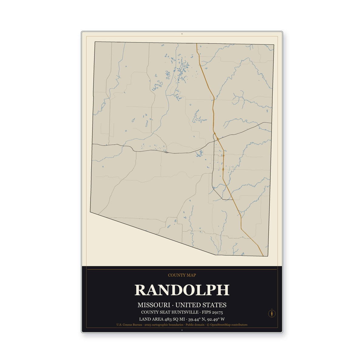 Randolph County, Missouri Map Aluminum Sign in Museum Plaque style