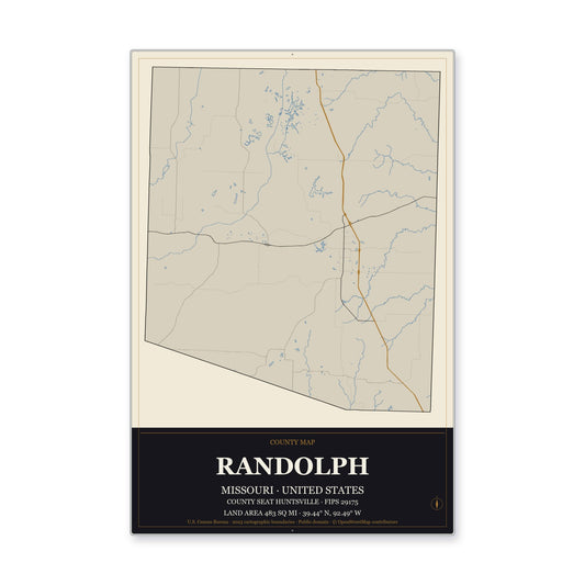 Randolph County, Missouri Map Aluminum Sign in Museum Plaque style