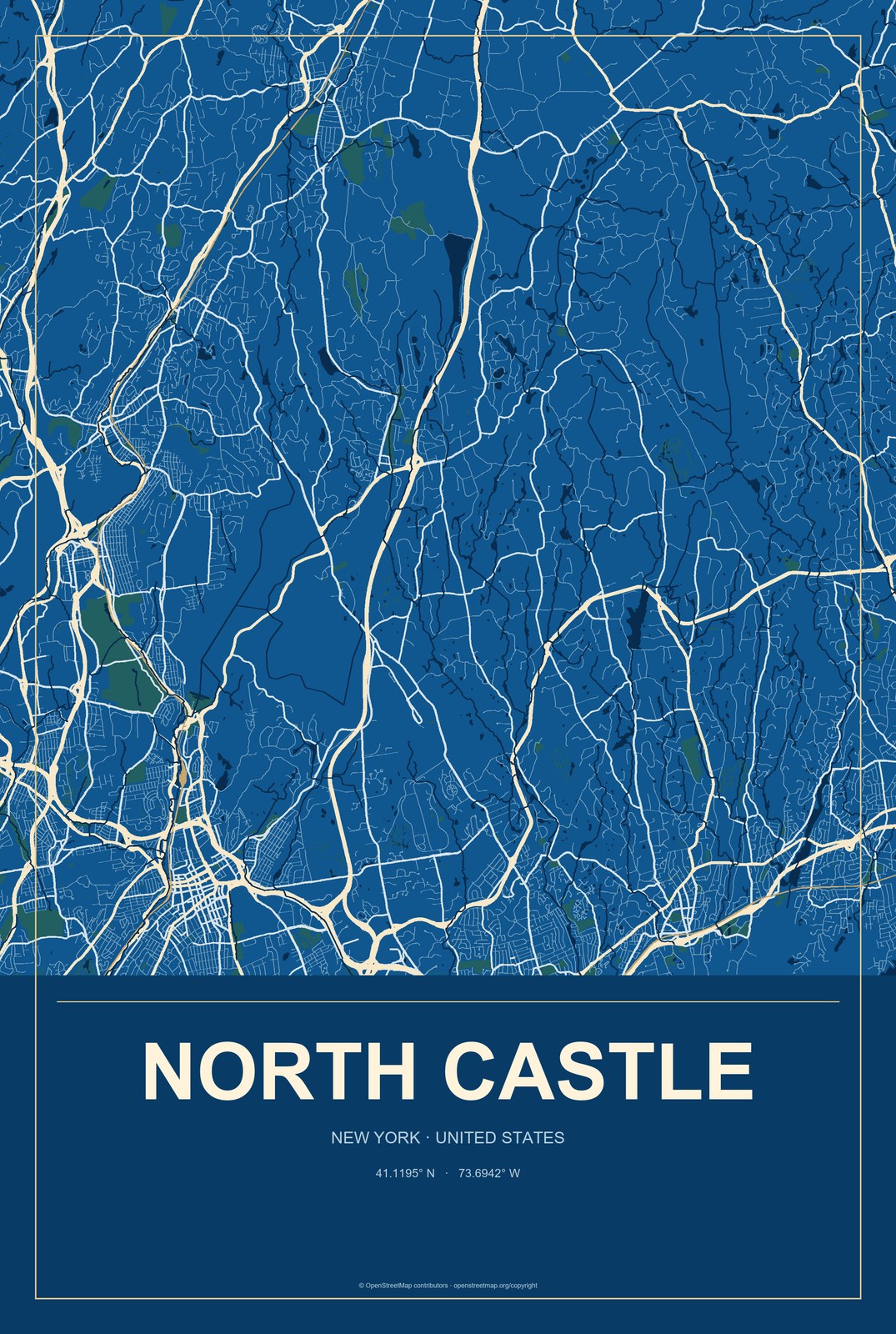 North Castle, New York City Map Aluminum Sign in Harbor Cobalt style