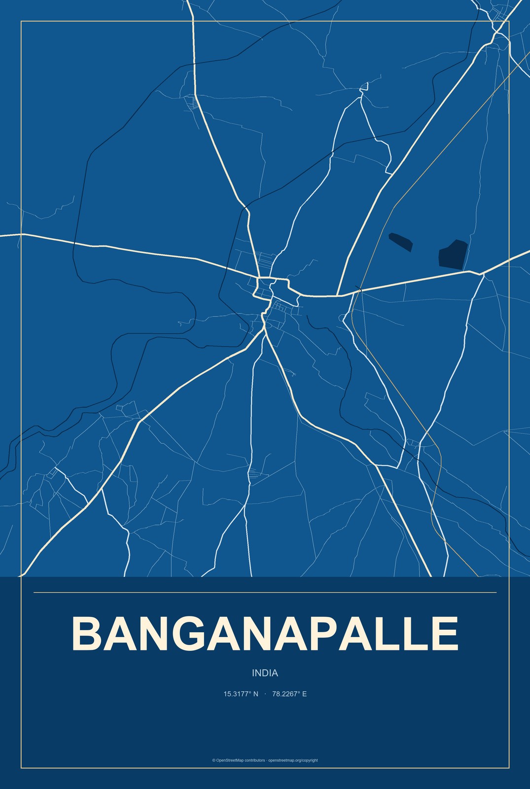 Banganapalle, India City Map Aluminum Sign in Harbor Cobalt style