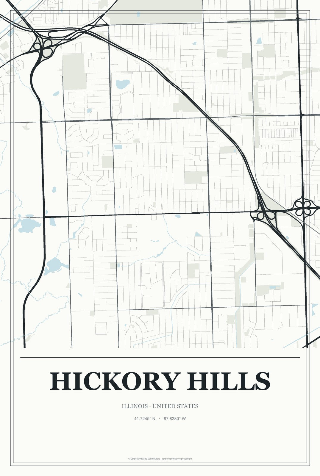 Hickory Hills, Illinois City Map Aluminum Sign in Gallery Air style