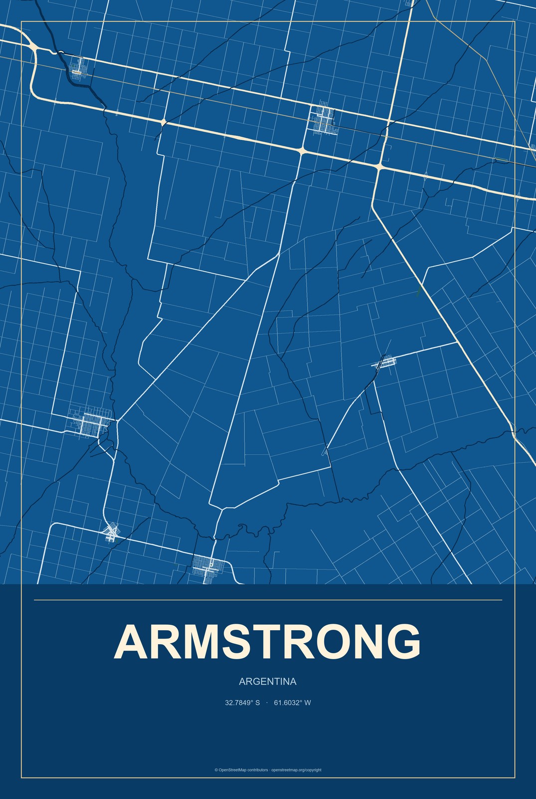 Armstrong, Argentina City Map Aluminum Sign in Harbor Cobalt style