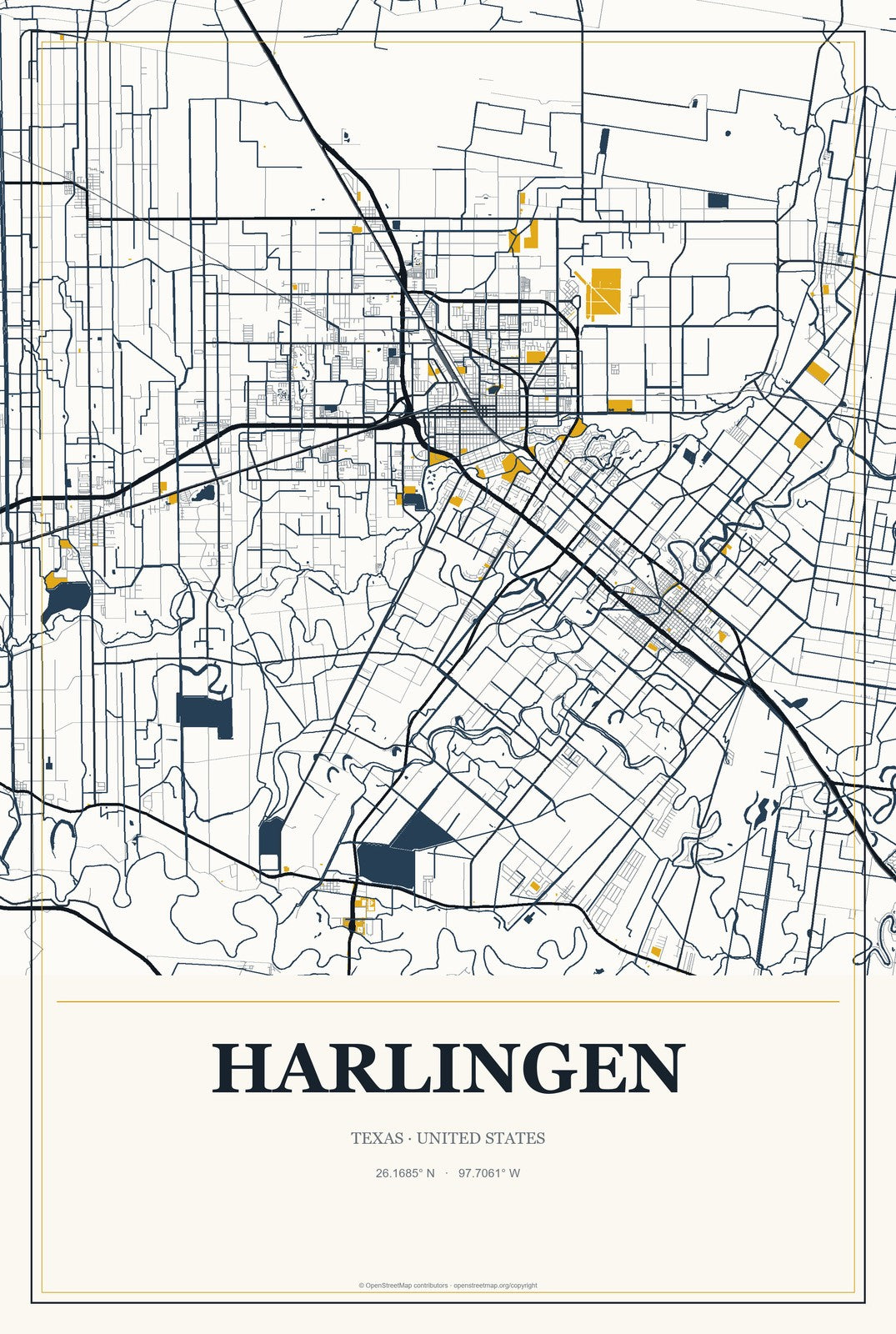 Harlingen, Texas City Map Aluminum Sign in Citrine Modern style
