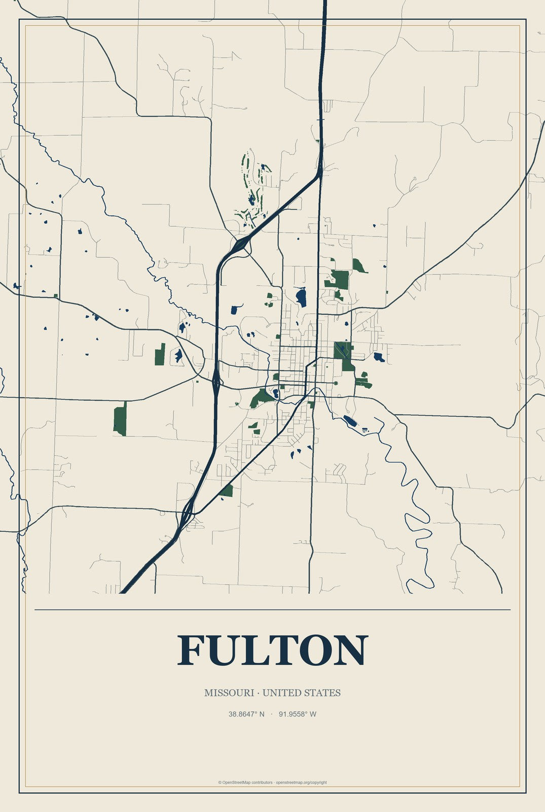 Fulton, Missouri City Map Aluminum Sign in Coastal Cutout style
