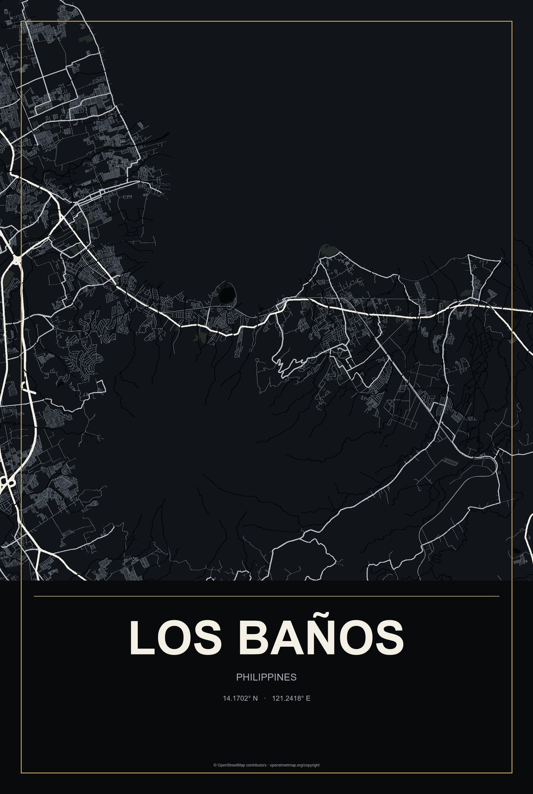 Los Baños, Philippines City Map Aluminum Sign in Metropolitan Noir style