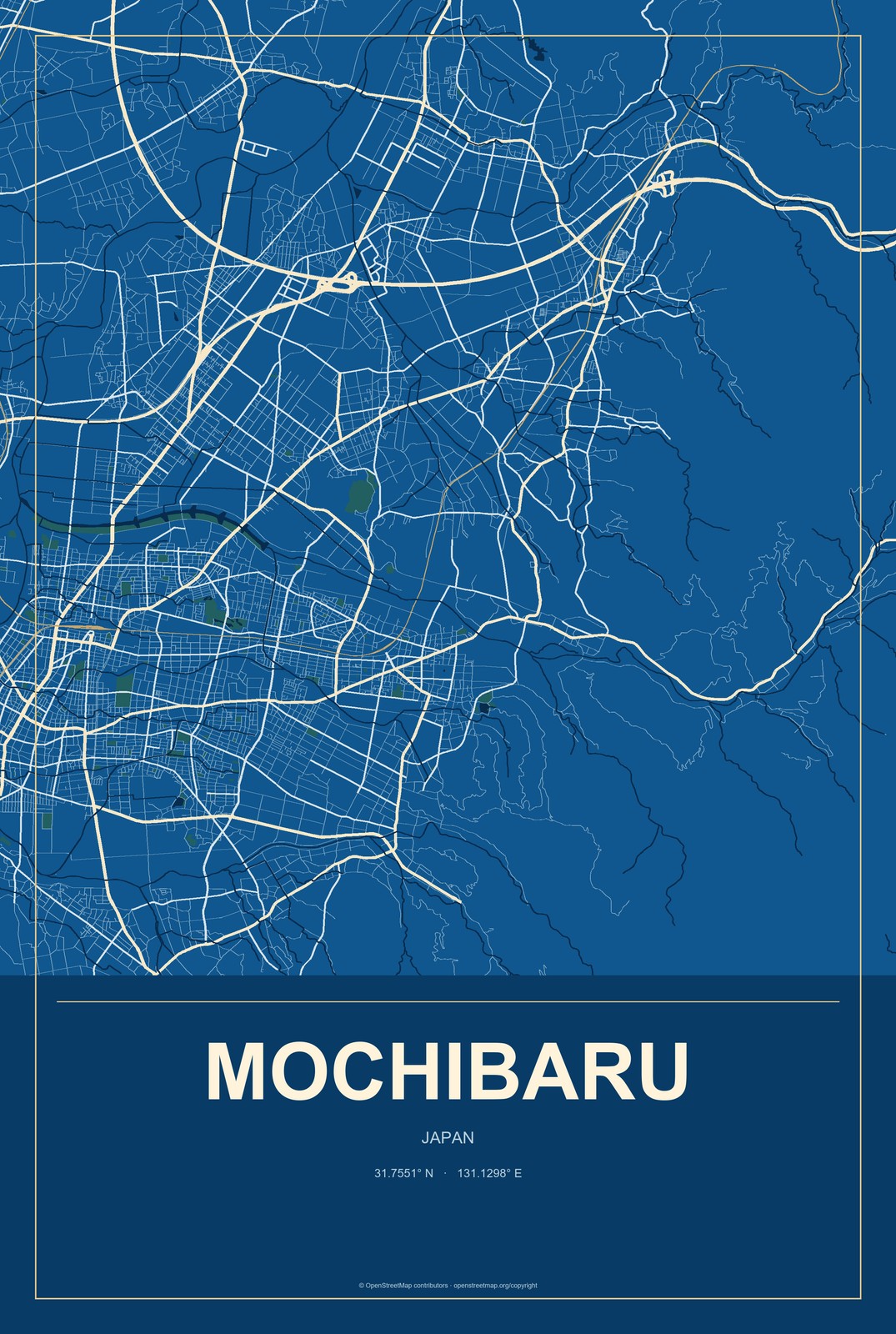 Mochibaru, Japan City Map Aluminum Sign in Harbor Cobalt style