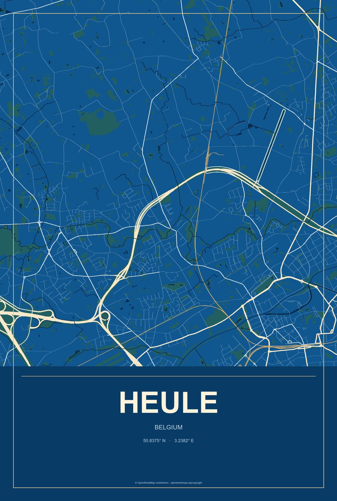 Heule, Belgium City Map Aluminum Sign in Harbor Cobalt style