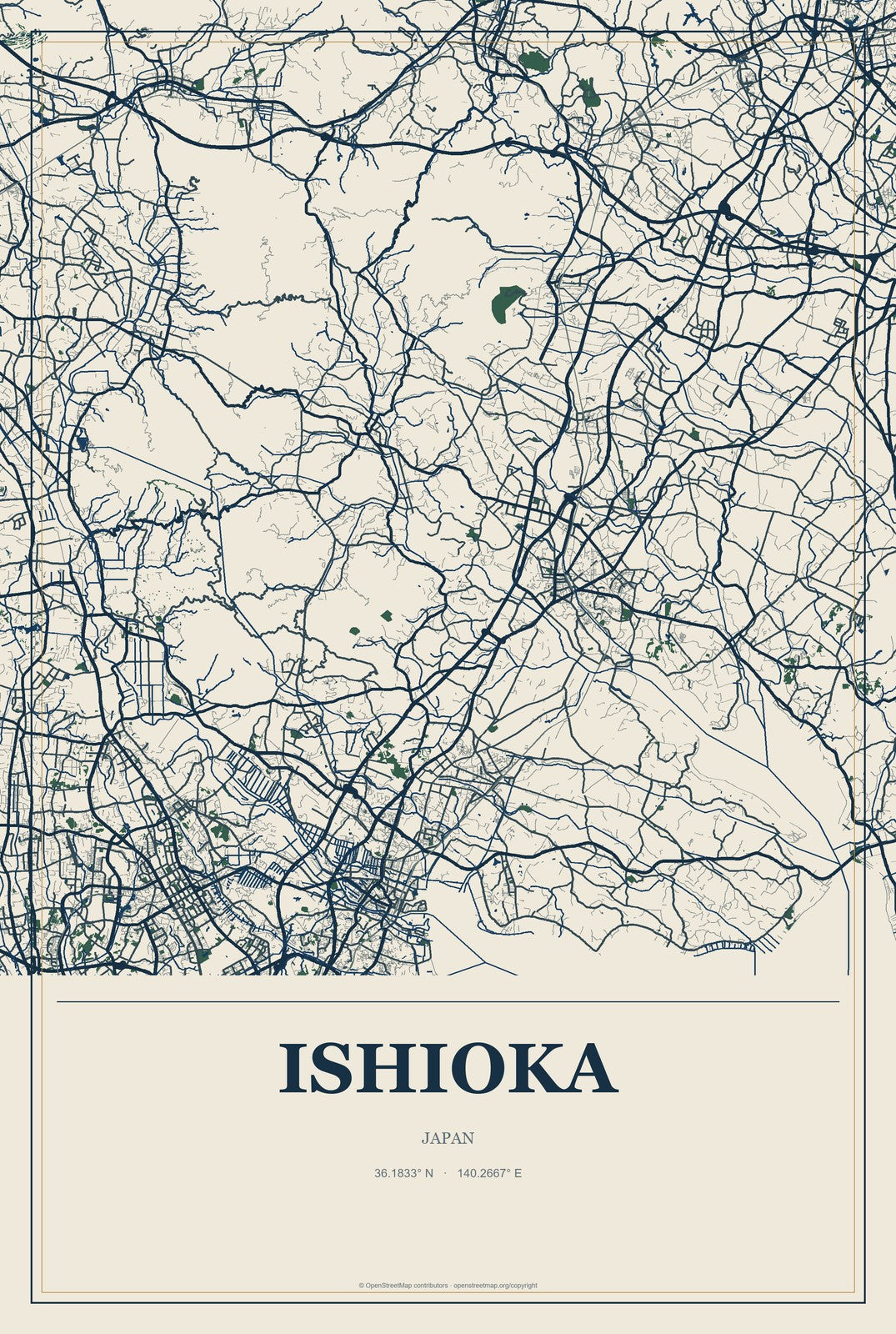 Ishioka, Japan City Map Aluminum Sign in Coastal Cutout style