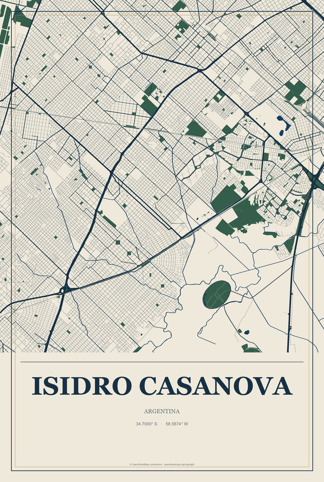 Isidro Casanova, Argentina City Map Aluminum Sign in Coastal Cutout style