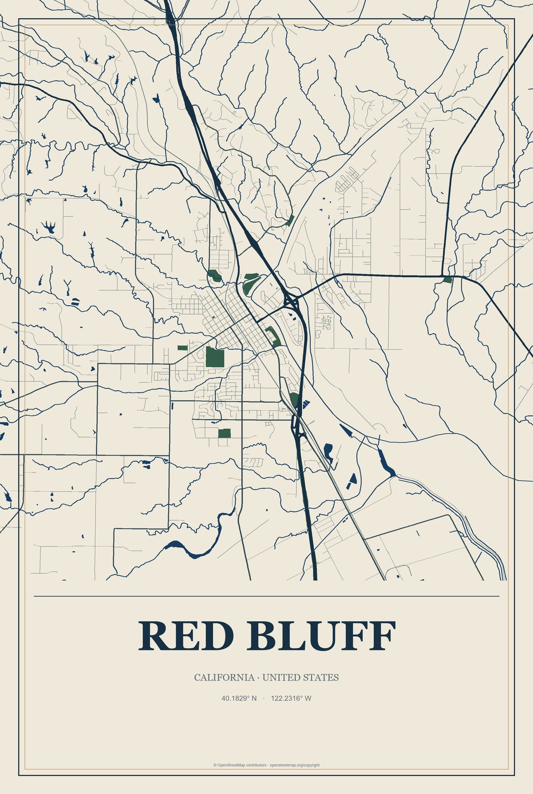 Red Bluff, California City Map Aluminum Sign in Coastal Cutout style