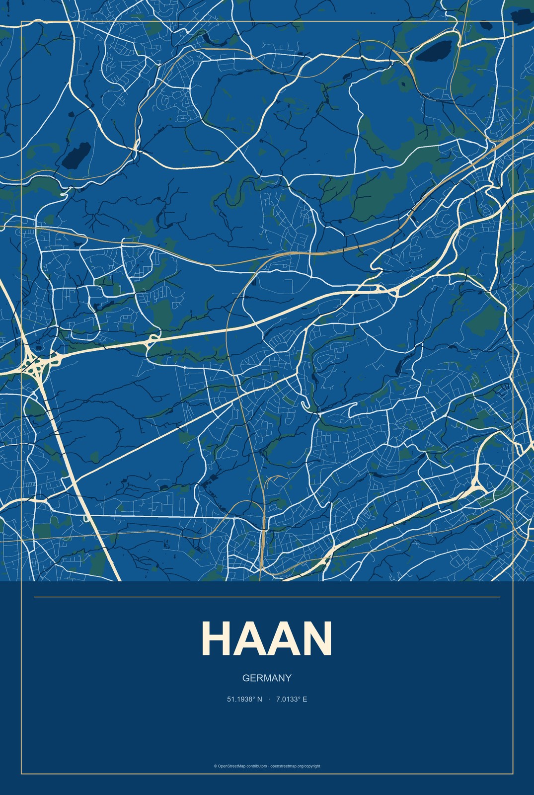 Haan, Germany City Map Aluminum Sign in Harbor Cobalt style