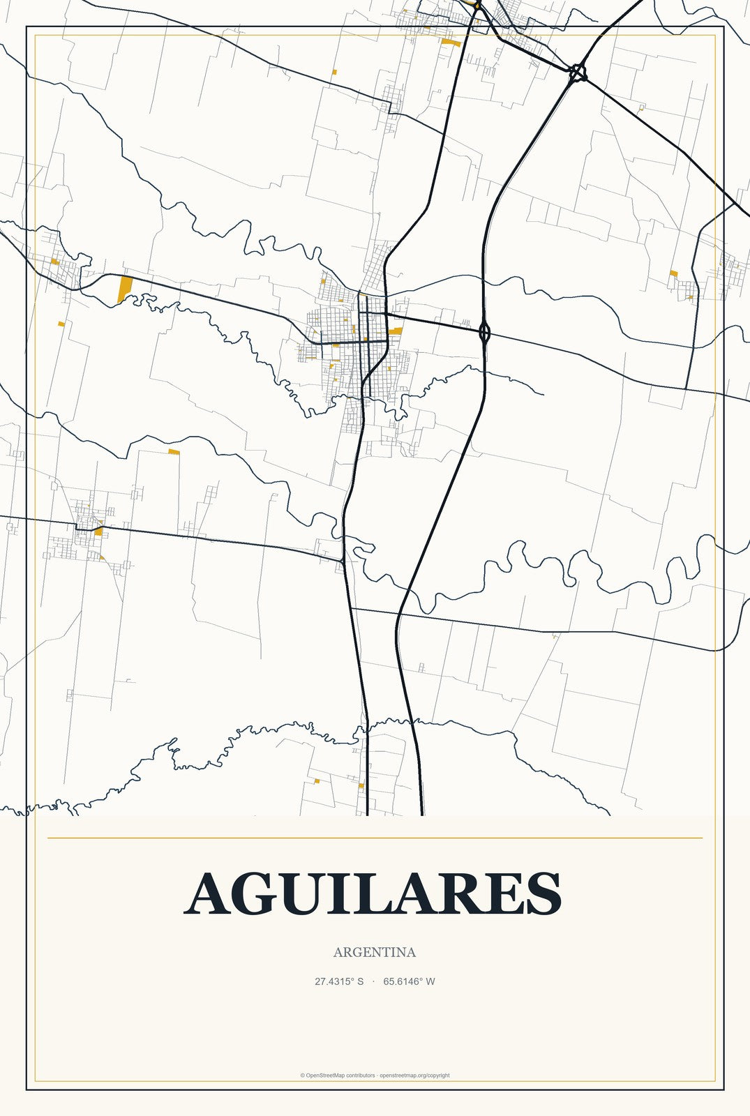 Aguilares, Argentina City Map Aluminum Sign in Citrine Modern style