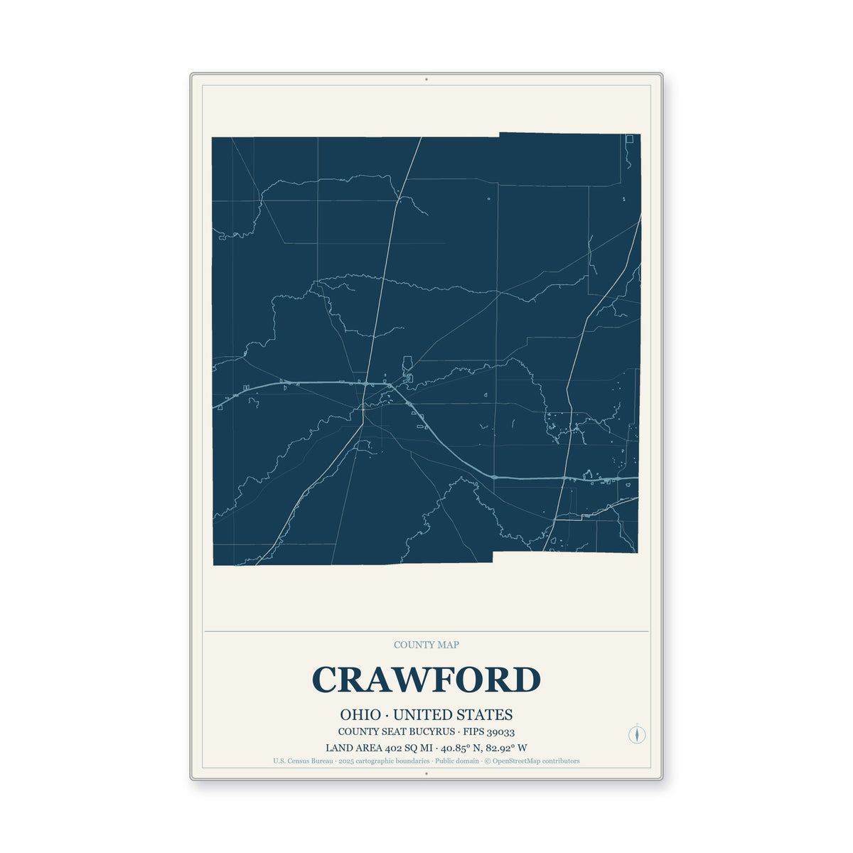 Crawford County, Ohio Map Aluminum Sign in Coastal Cutout style
