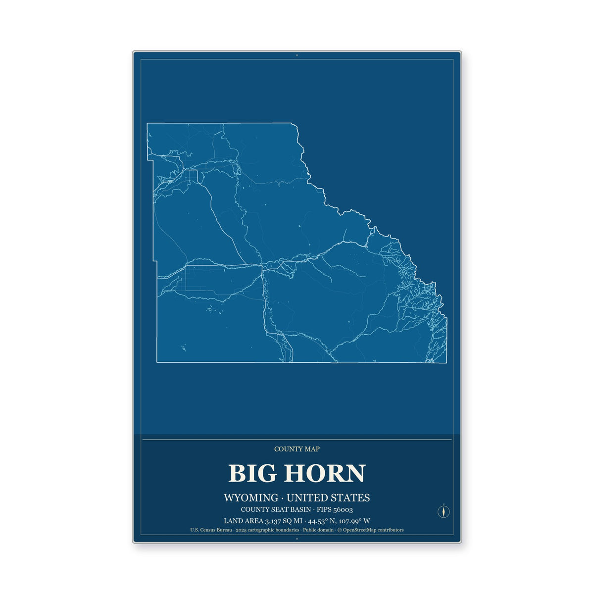 Big Horn County, Wyoming Map Aluminum Sign in Harbor Cobalt style