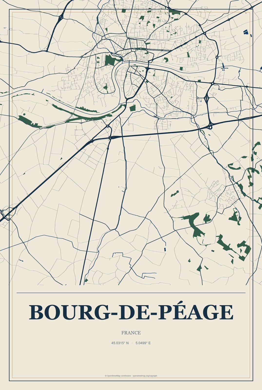 Bourg-de-Péage, France City Map Aluminum Sign in Coastal Cutout style