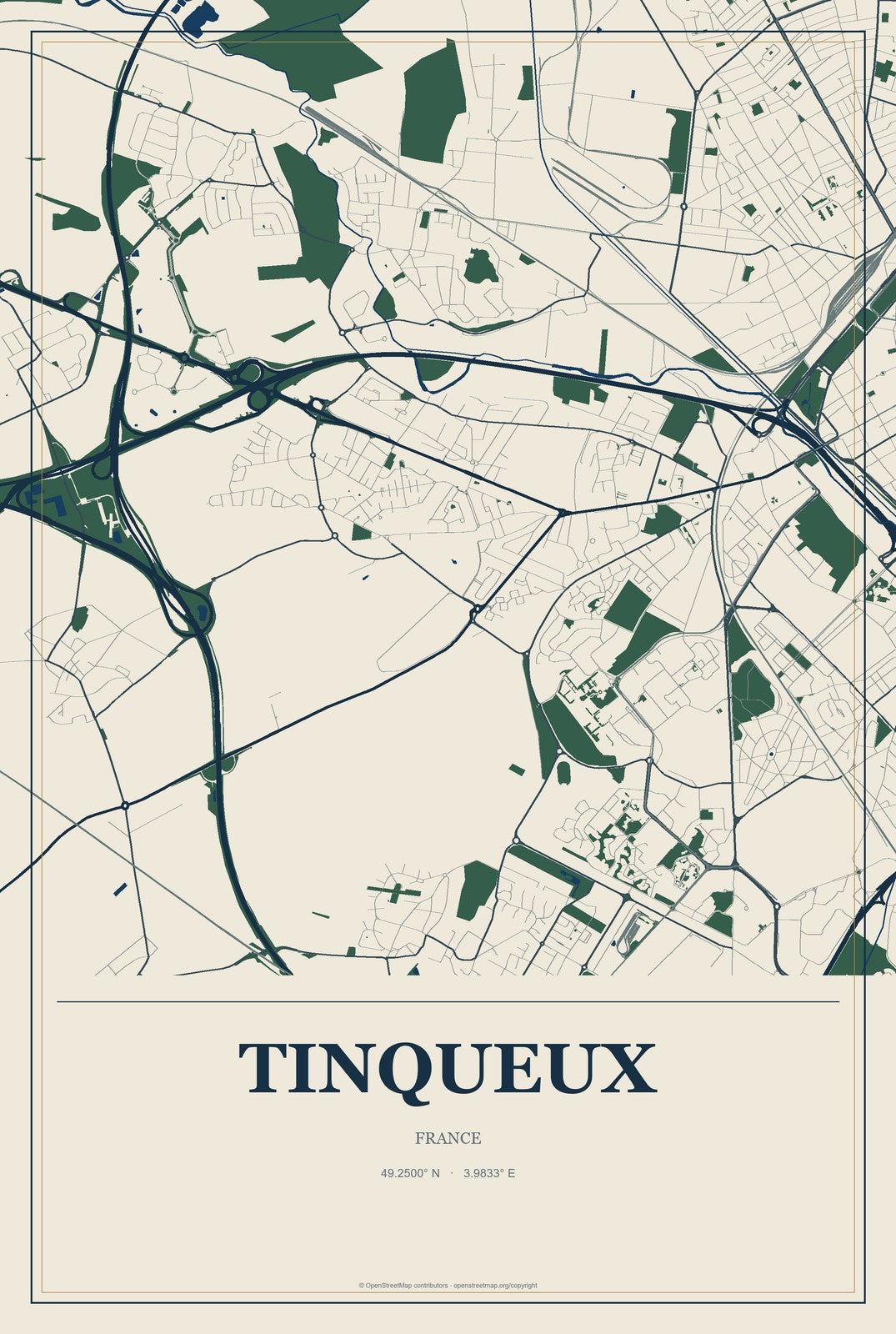 Tinqueux, France City Map Aluminum Sign in Coastal Cutout style
