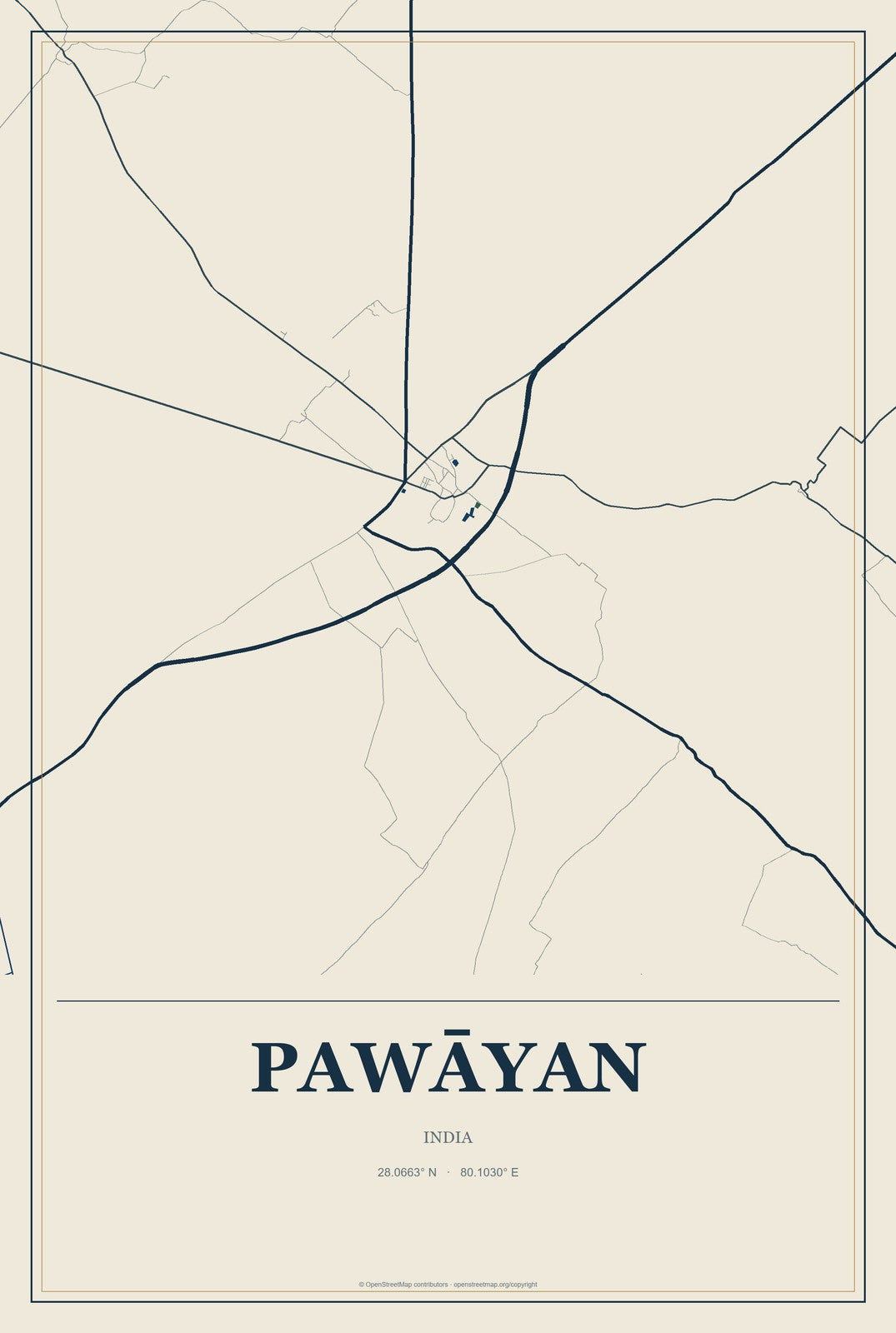 Pawāyan, India City Map Aluminum Sign in Coastal Cutout style
