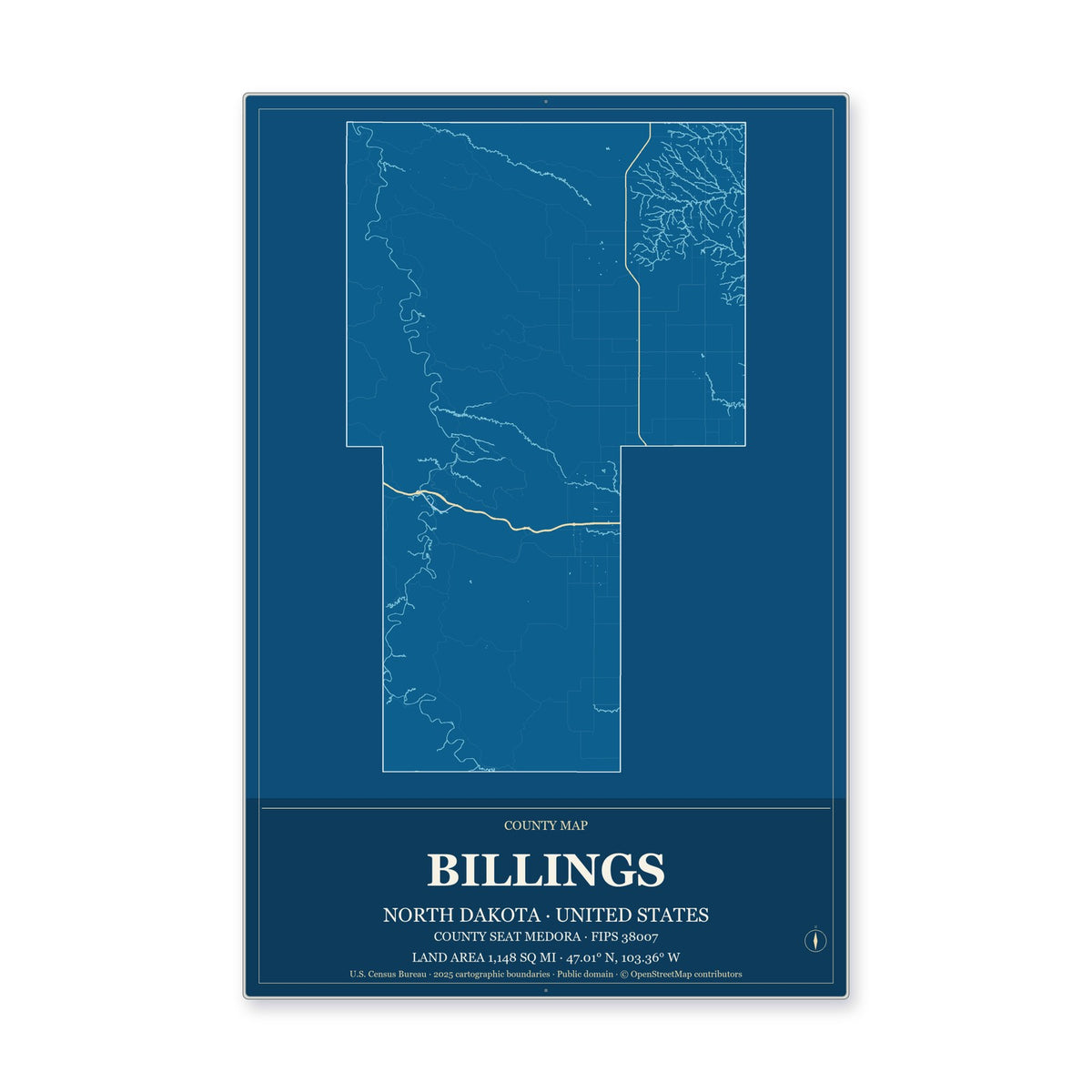 Billings County, North Dakota Map Aluminum Sign in Harbor Cobalt style