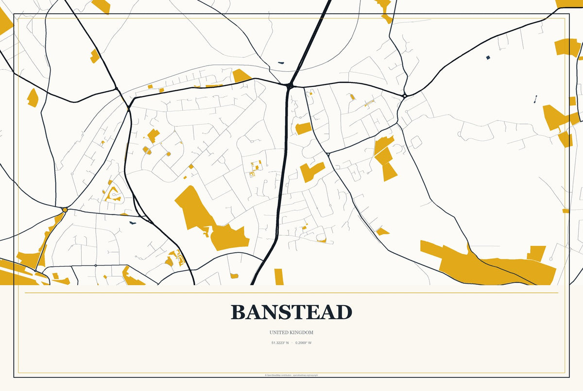Banstead, United Kingdom City Map Aluminum Sign in Citrine Modern style