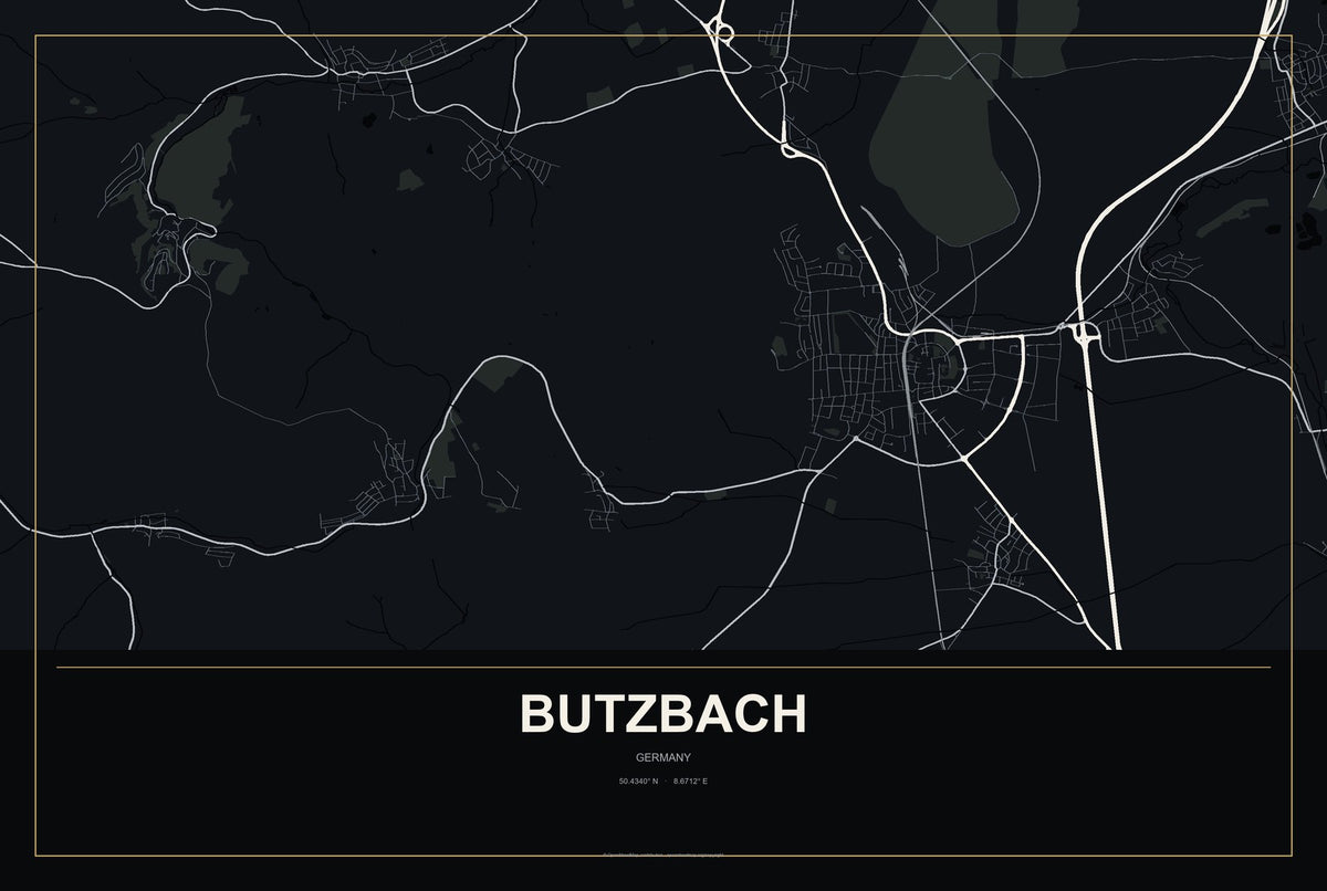 Butzbach, Germany City Map Aluminum Sign in Metropolitan Noir style