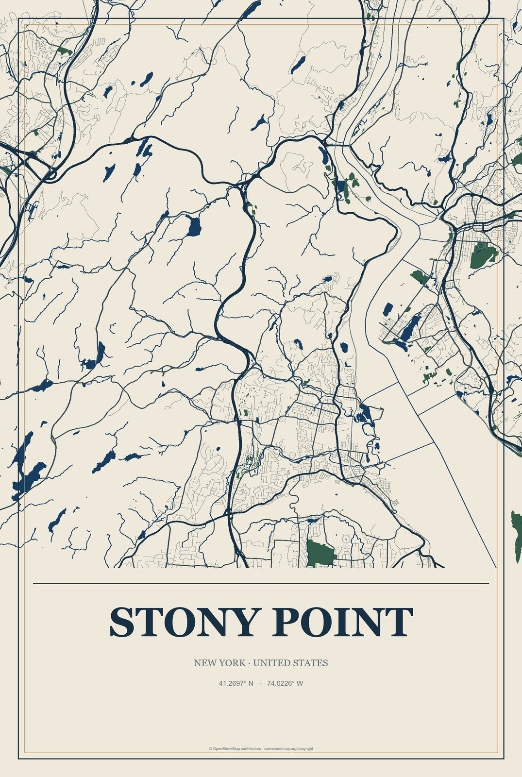 Stony Point, New York City Map Aluminum Sign in Coastal Cutout style