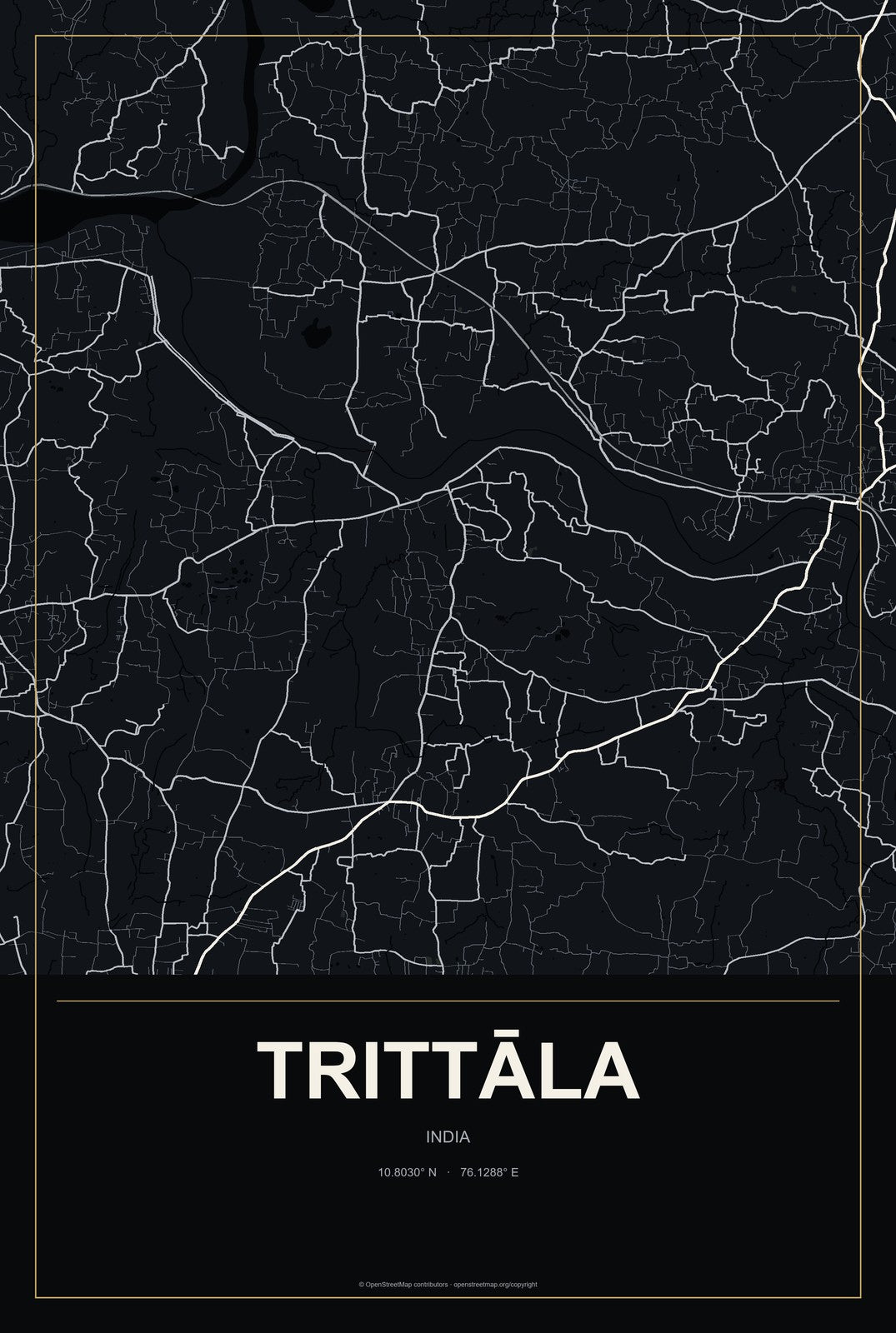 Trittāla, India City Map Aluminum Sign in Metropolitan Noir style