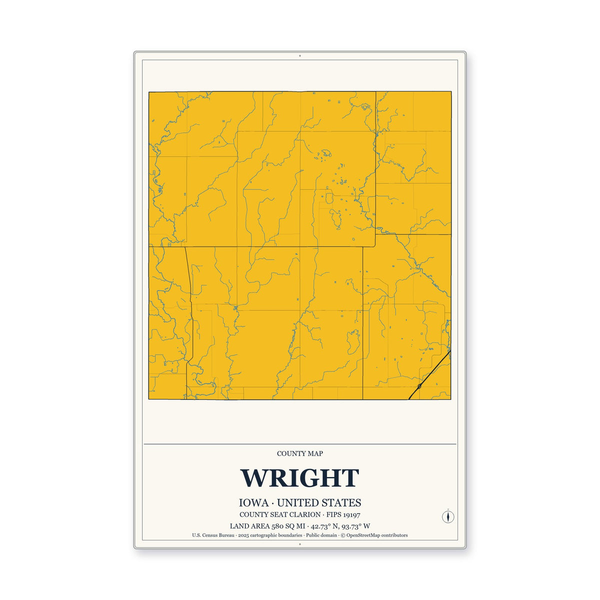 Wright County, Iowa Map Aluminum Sign in Citrine Modern style