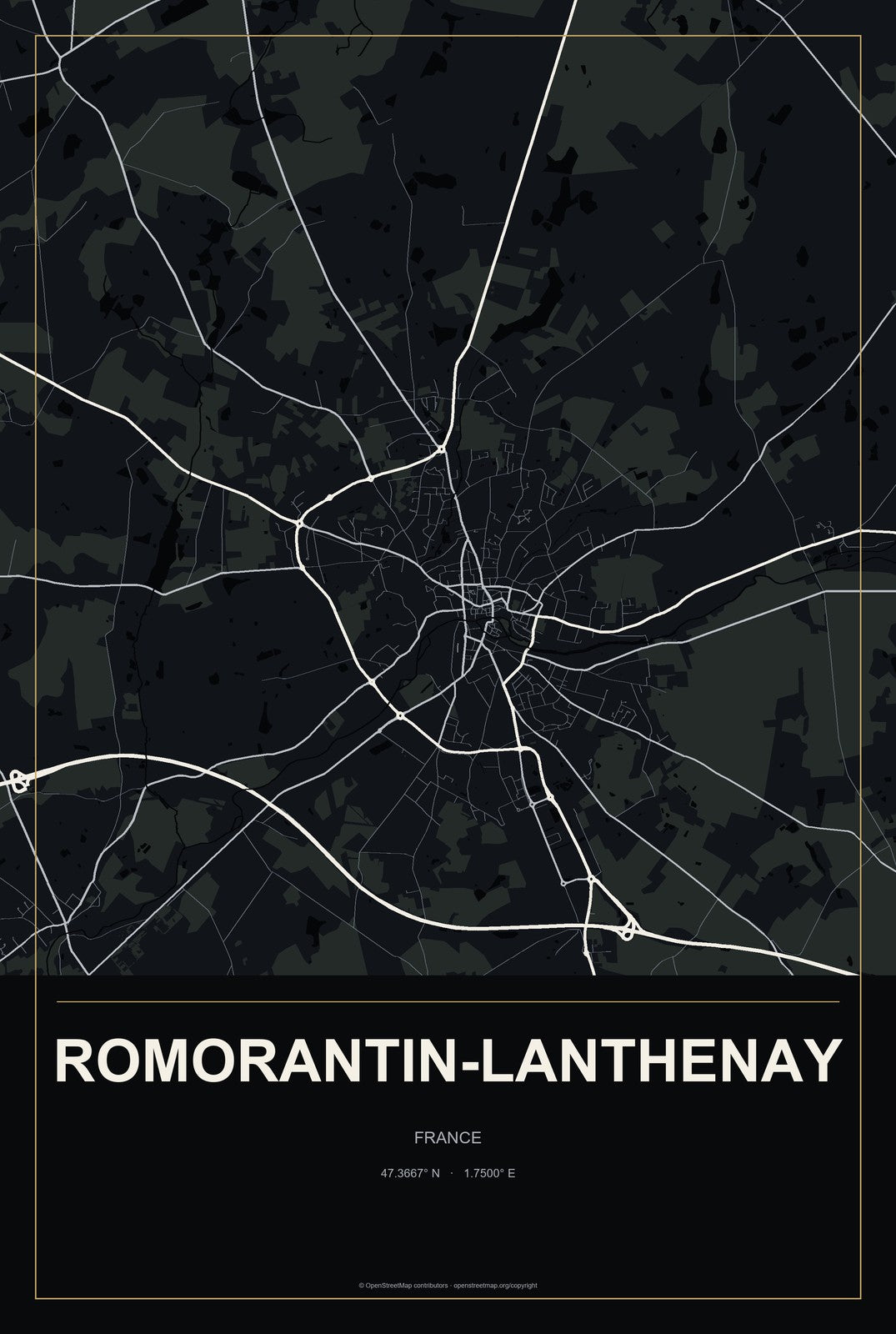 Romorantin-Lanthenay, France City Map Aluminum Sign in Metropolitan Noir style