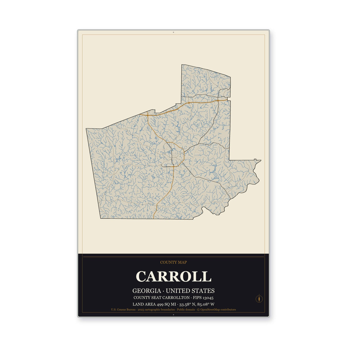 Carroll County, Georgia Map Aluminum Sign in Museum Plaque style